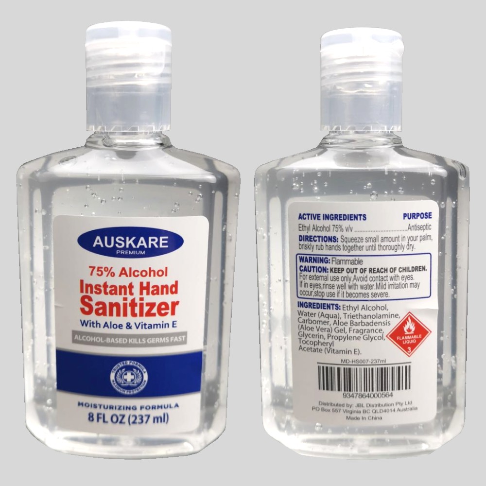AusKare Hand Sanitizer 237ml - 75% Alcohol with Moisturizer and Vitamin E & Aloe Vera Gel