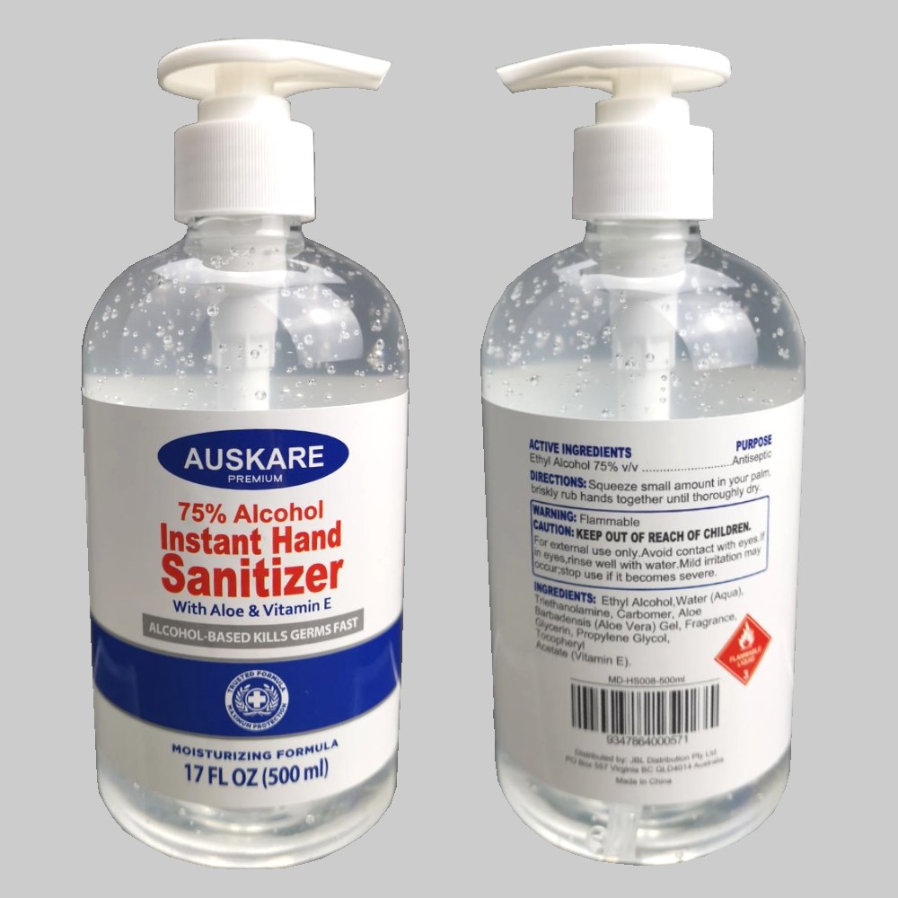AusKare Hand Sanitizer 500ml - 75% Alcohol with Moisturizer and Vitamin E & Aloe Vera Gel